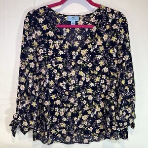 Cece Regular Fit Blouse Women's Size XSmall‎ XS Floral Long Sleeve Tie Cuffs
